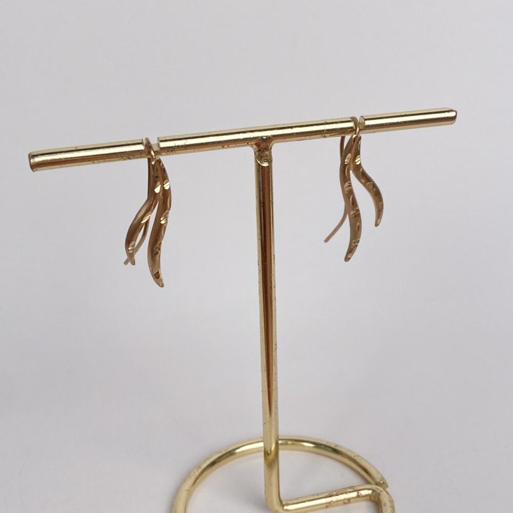 Signed 14k Yellow Gold Double Diamond Cut Design Wave Drop Earrings